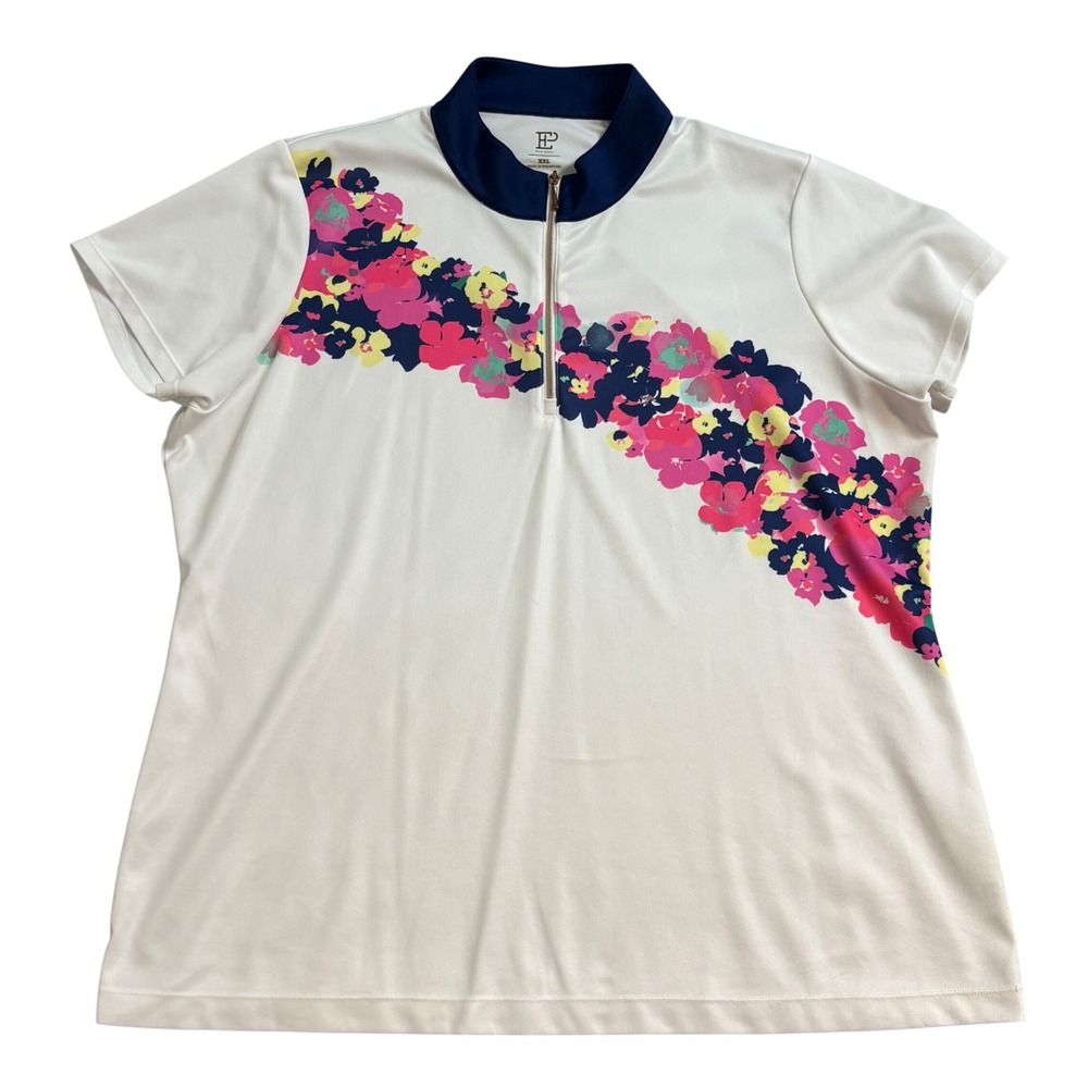 EP New York Womens XXL Floral Quarter Zip Golf Polo Shirt White Navy Pink